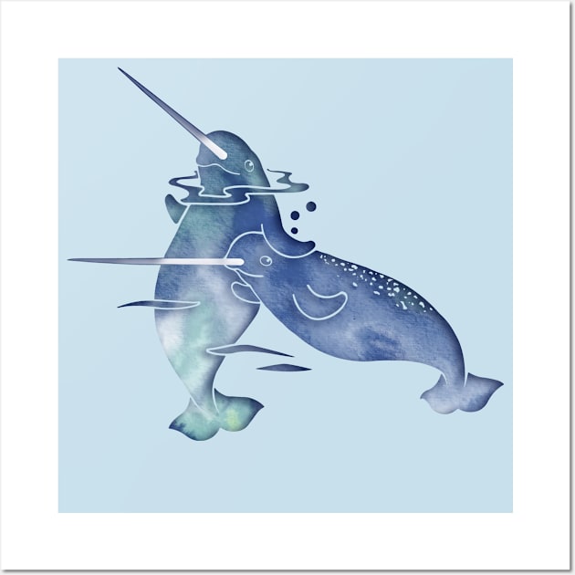 Blue Sea Narwhals Wall Art by ferinefire